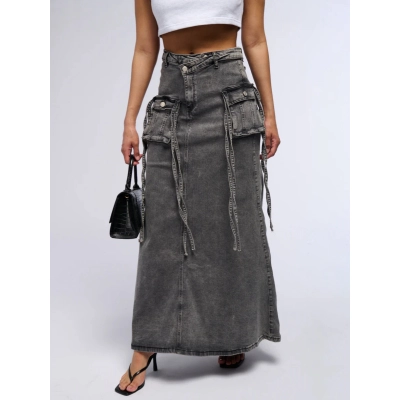 Designsoo Asymmetrical Waist Design Unique Denim Workwear High-Waist Skirt 02