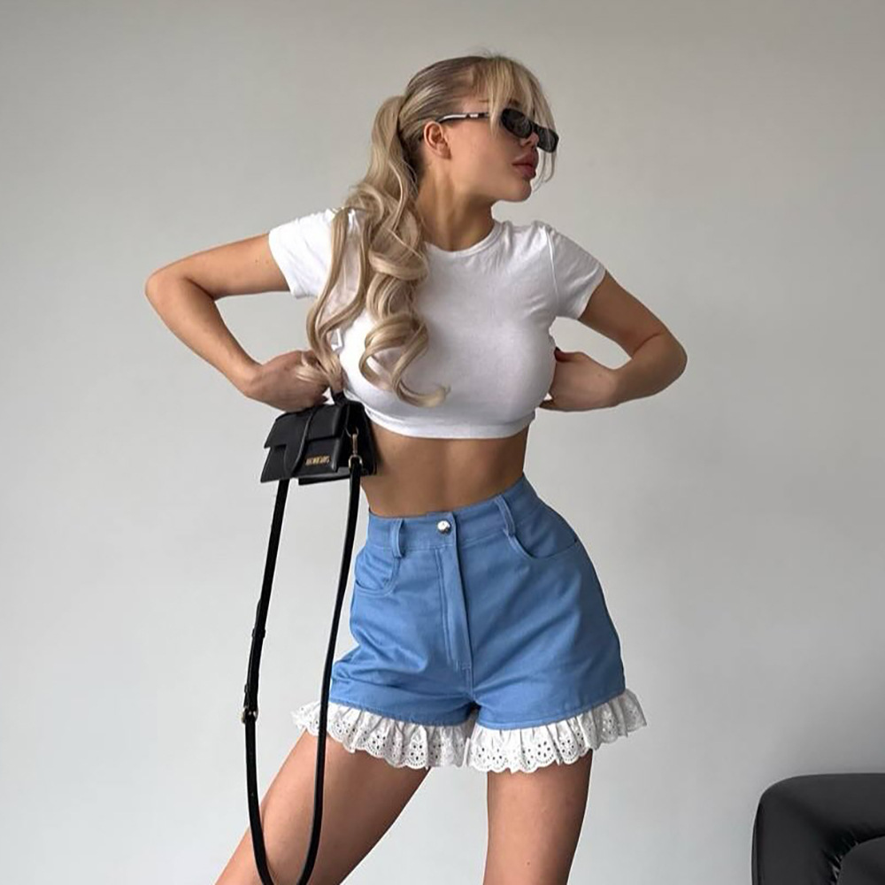 Blue Denim High-Waist Shorts with Lace Hem Detail