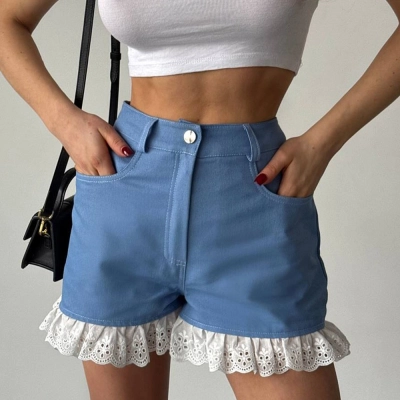 Blue Denim High-Waist Shorts with Lace Hem Detail 01