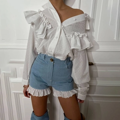 Blue Denim High-Waist Shorts with Lace Hem Detail 02