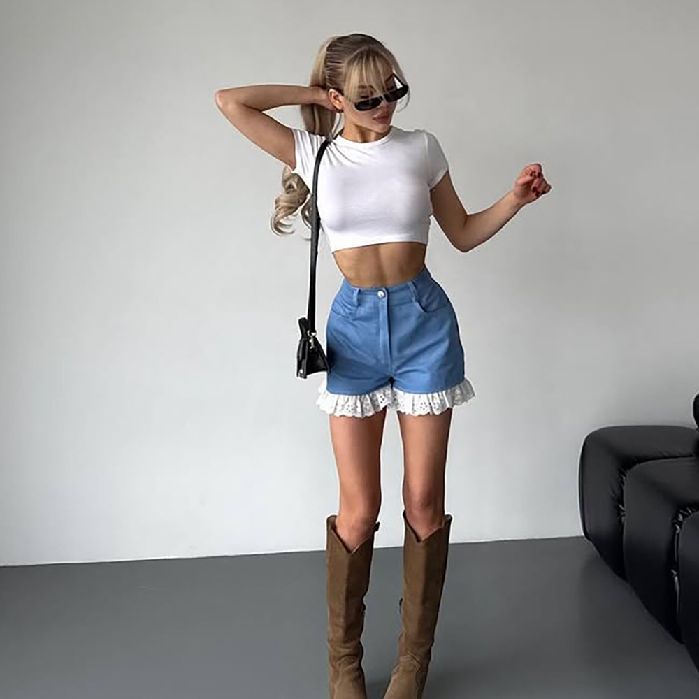 Blue Denim High-Waist Shorts with Lace Hem Detail