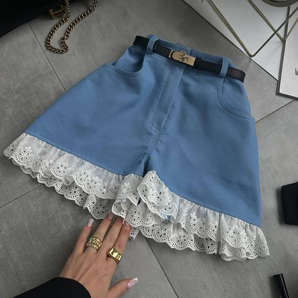 Blue Denim High-Waist Shorts with Lace Hem Detail