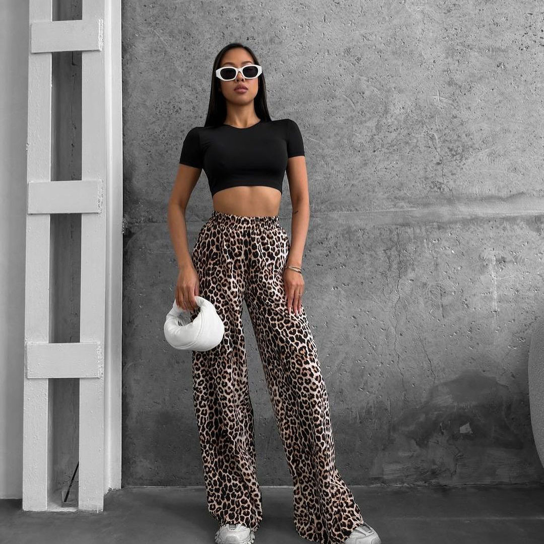 Designsoo Casual Leopard Print Straight-Leg Pants