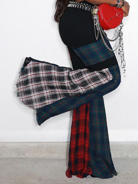 Designsoo Distressed Patchwork Long Pants for Women - Low Waist, Relaxed Fit with Slight Bootcut