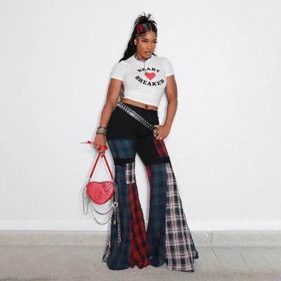 Designsoo Distressed Patchwork Long Pants for Women - Low Waist, Relaxed Fit with Slight Bootcut 01