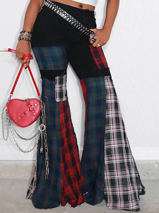 Designsoo Distressed Patchwork Long Pants for Women - Low Waist, Relaxed Fit with Slight Bootcut