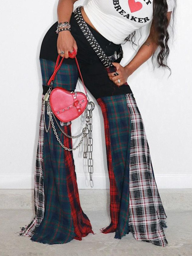 Designsoo Distressed Patchwork Long Pants for Women - Low Waist, Relaxed Fit with Slight Bootcut