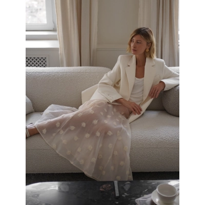 Designsoo French Chic Noblewoman Style Floral Embellished Semi-Sheer Tulle Skirt 02