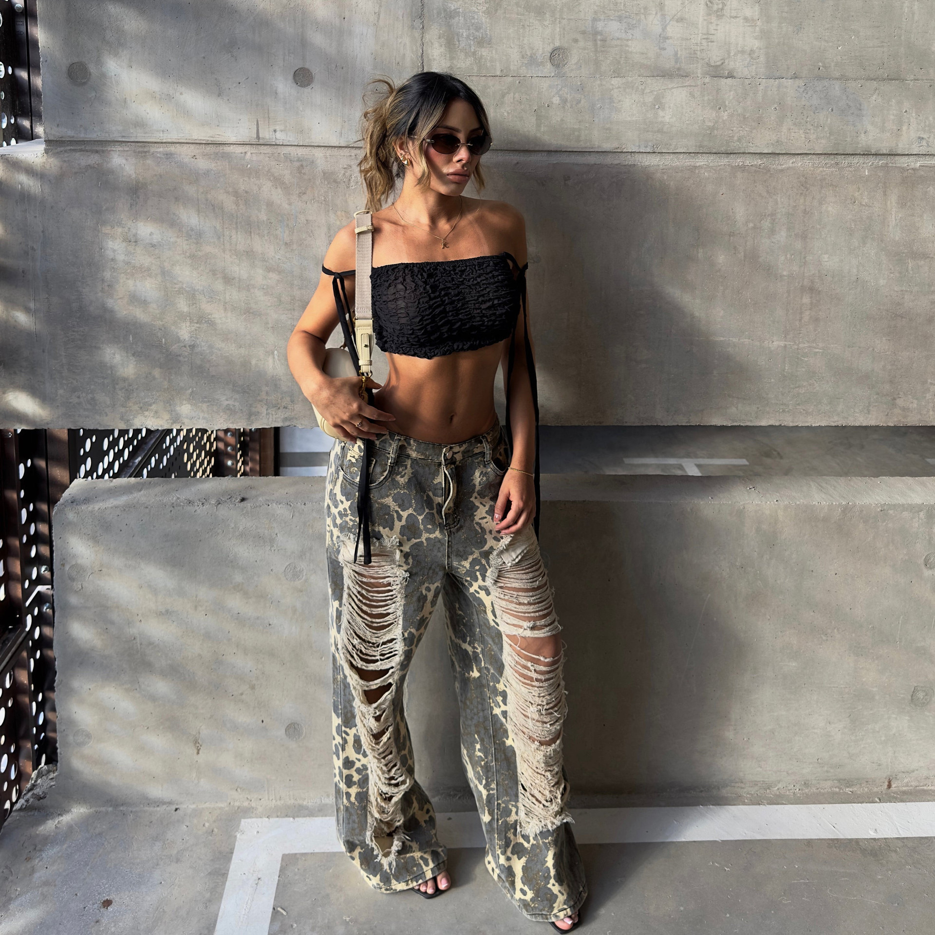 Heavy-Duty Leopard Print Distressed Washed Bootcut Denim Jeans