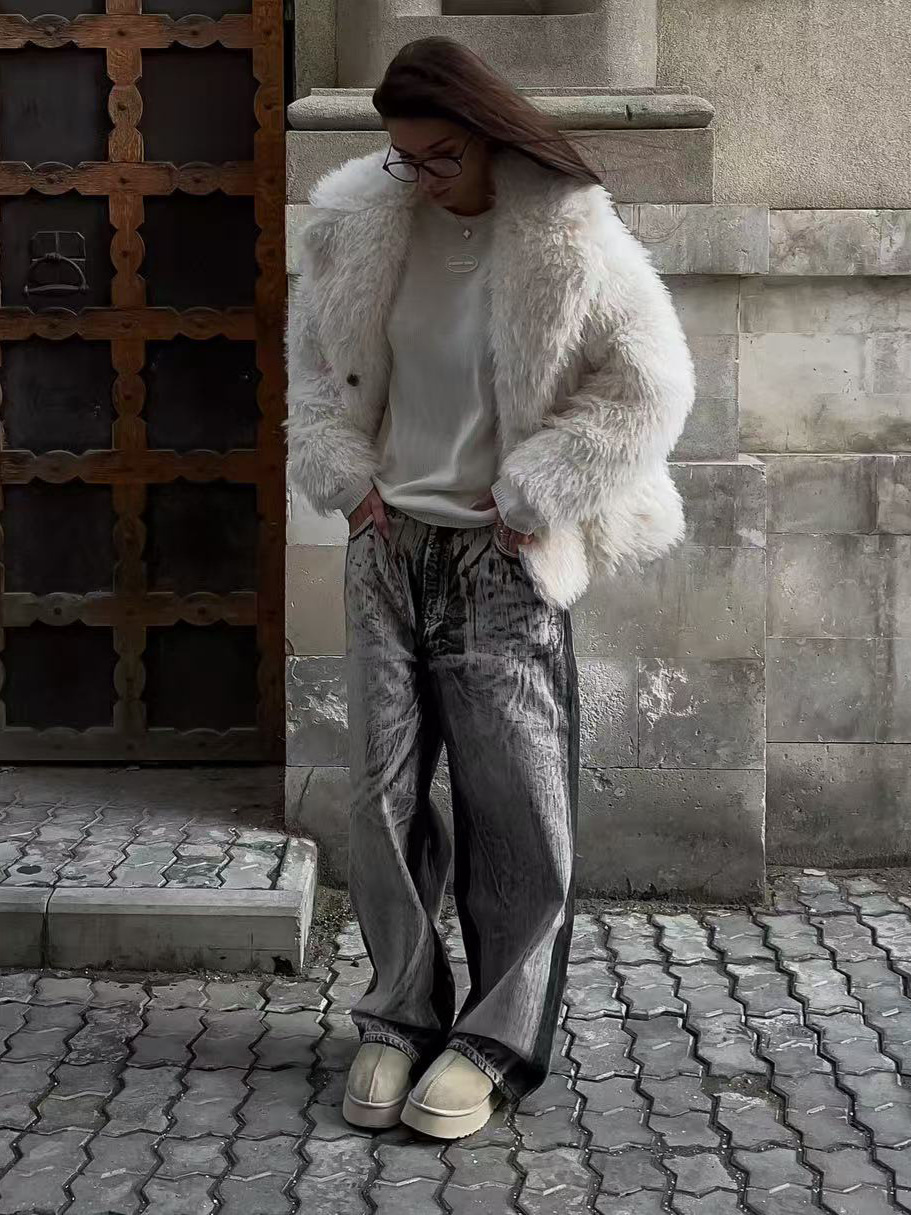 Heavy-Duty Vintage Wash High-Waist Wide-Leg Denim Jeans