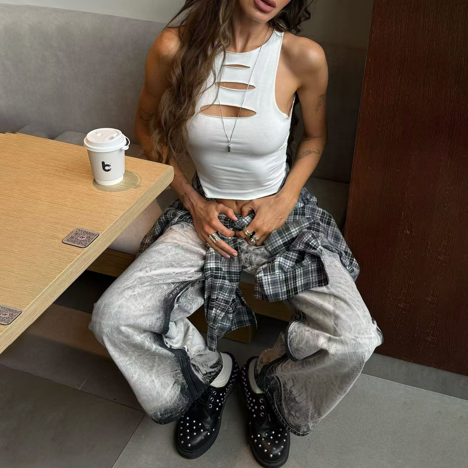 Heavy-Duty Vintage Wash High-Waist Wide-Leg Denim Jeans