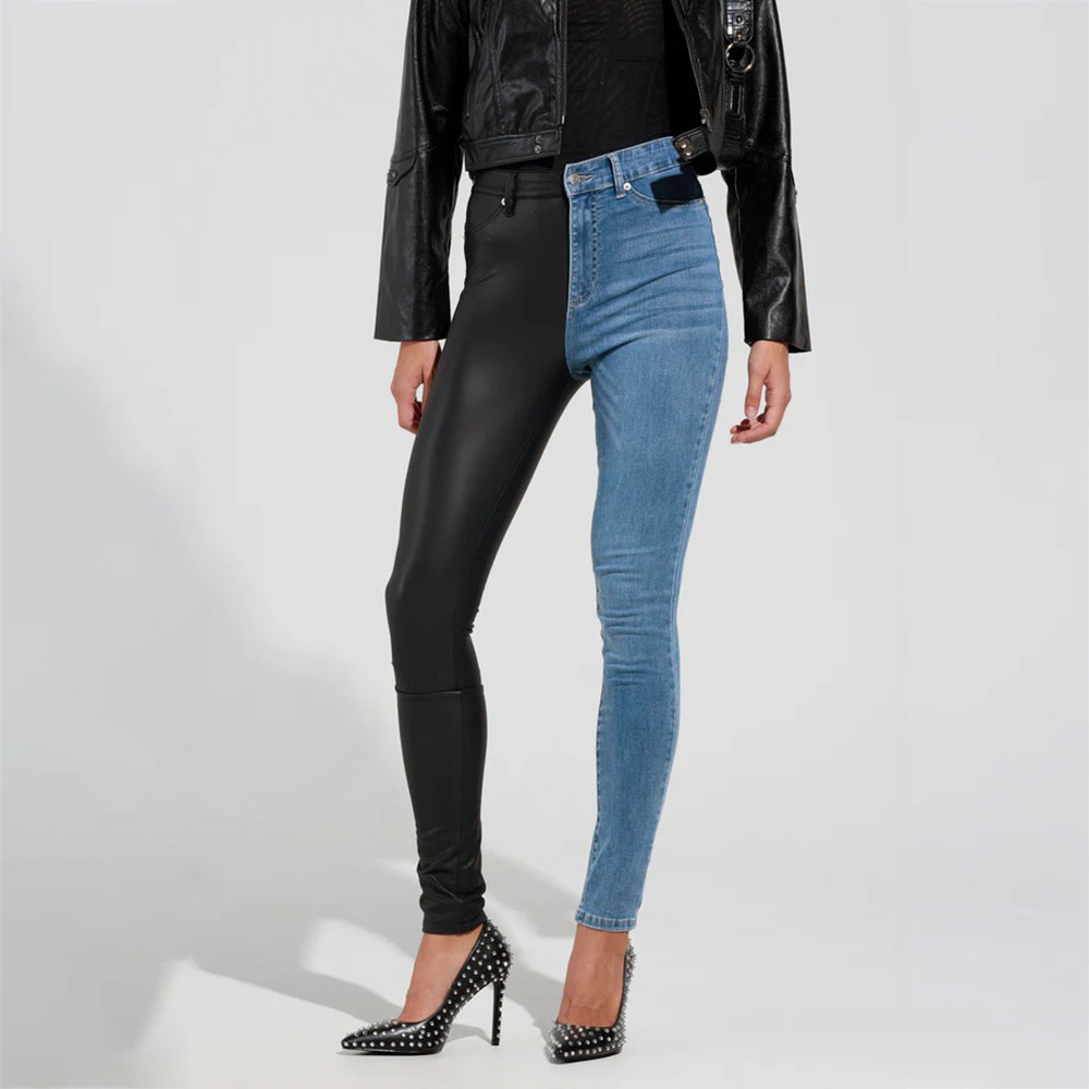 High-Waist Skinny Design Leather Patchwork Denim Jeans