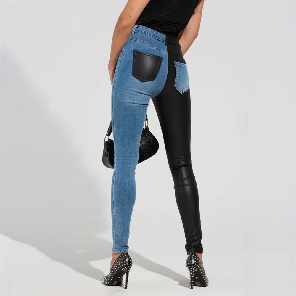 High-Waist Skinny Design Leather Patchwork Denim Jeans