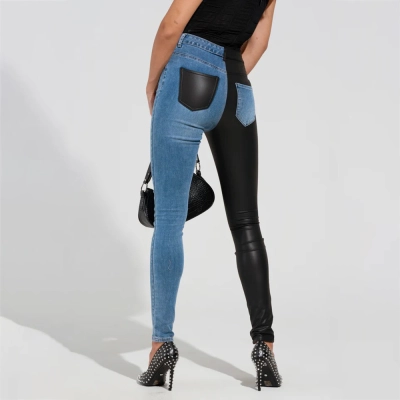 High-Waist Skinny Design Leather Patchwork Denim Jeans 02