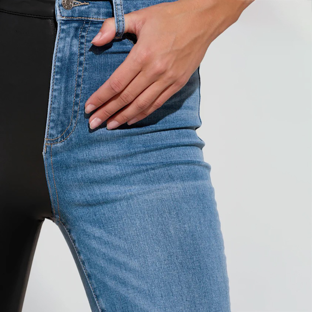 High-Waist Skinny Design Leather Patchwork Denim Jeans