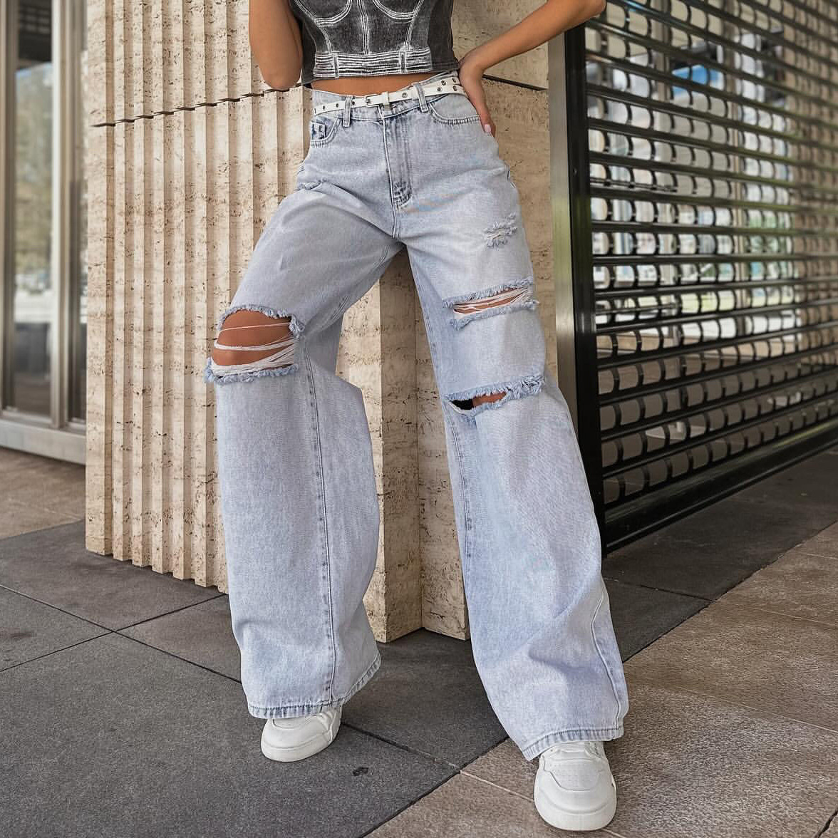 High-Waist Vintage Wash Distressed Floor-Length Denim Jeans