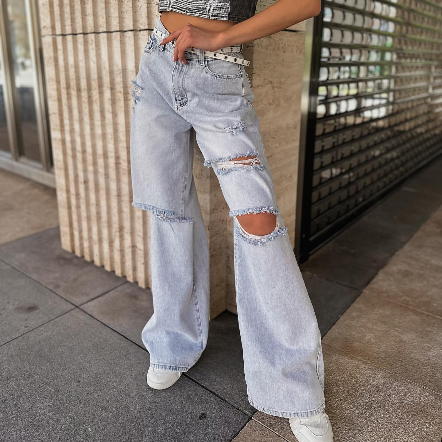 High-Waist Vintage Wash Distressed Floor-Length Denim Jeans