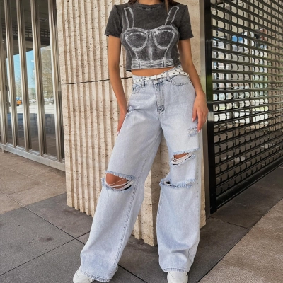 High-Waist Vintage Wash Distressed Floor-Length Denim Jeans 02