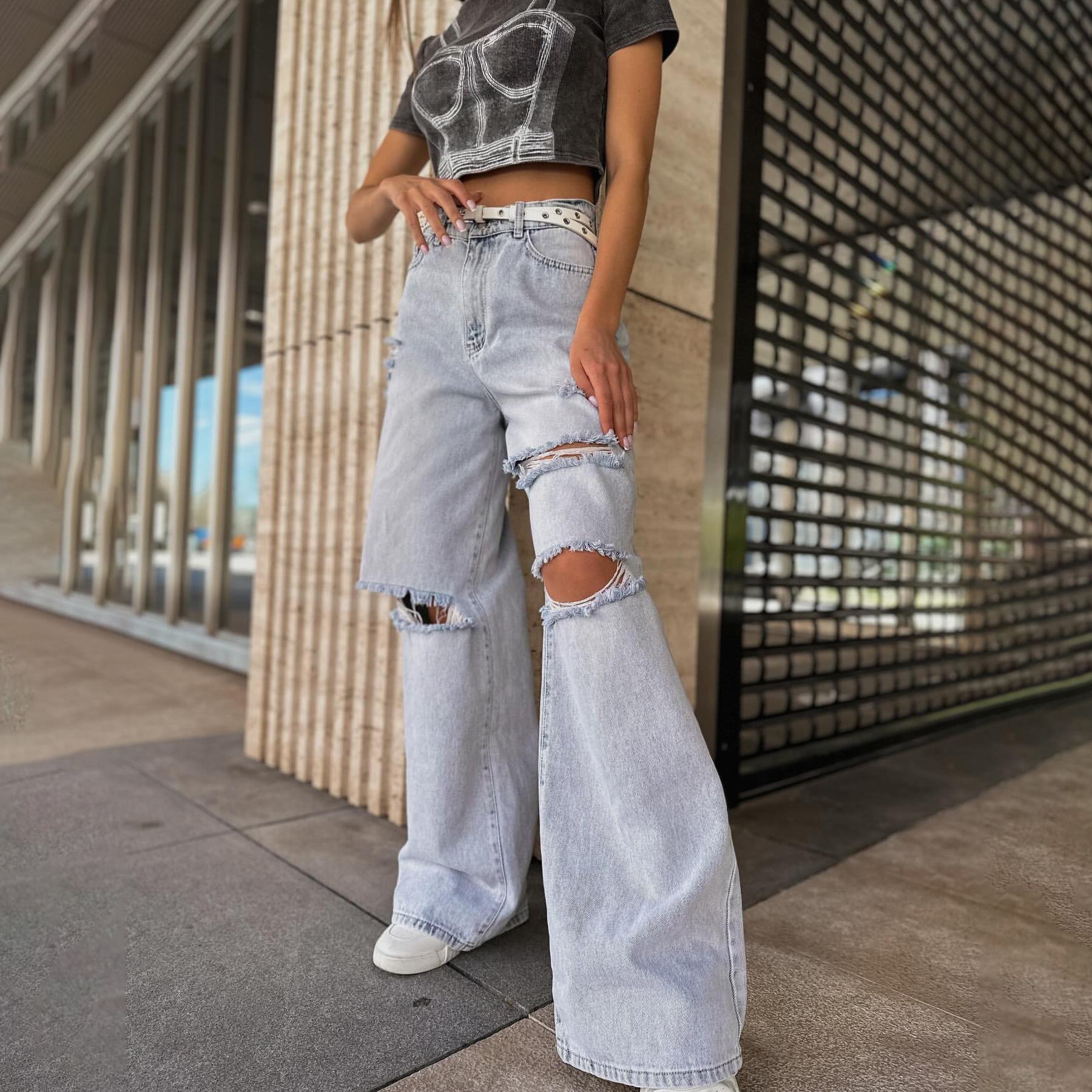 High-Waist Vintage Wash Distressed Floor-Length Denim Jeans