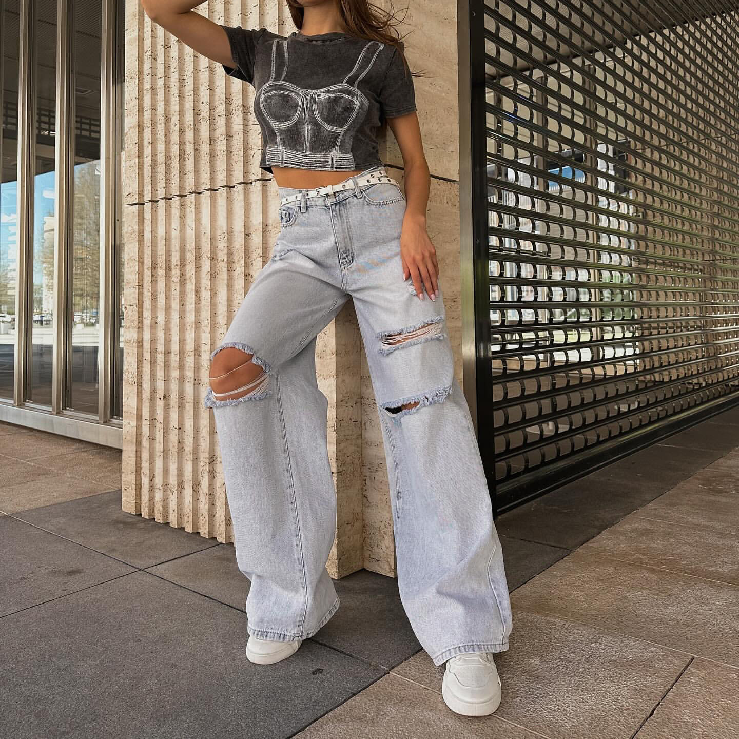 High-Waist Vintage Wash Distressed Floor-Length Denim Jeans