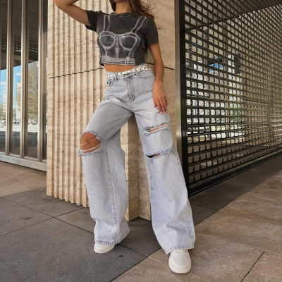 High-Waist Vintage Wash Distressed Floor-Length Denim Jeans 01