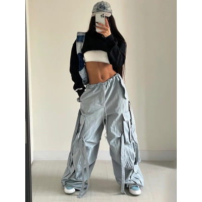 Designsoo High-Waisted Wide-Leg Cargo Pants with Ribbon Decor and Multiple Pockets - Trendy and Stylish 01