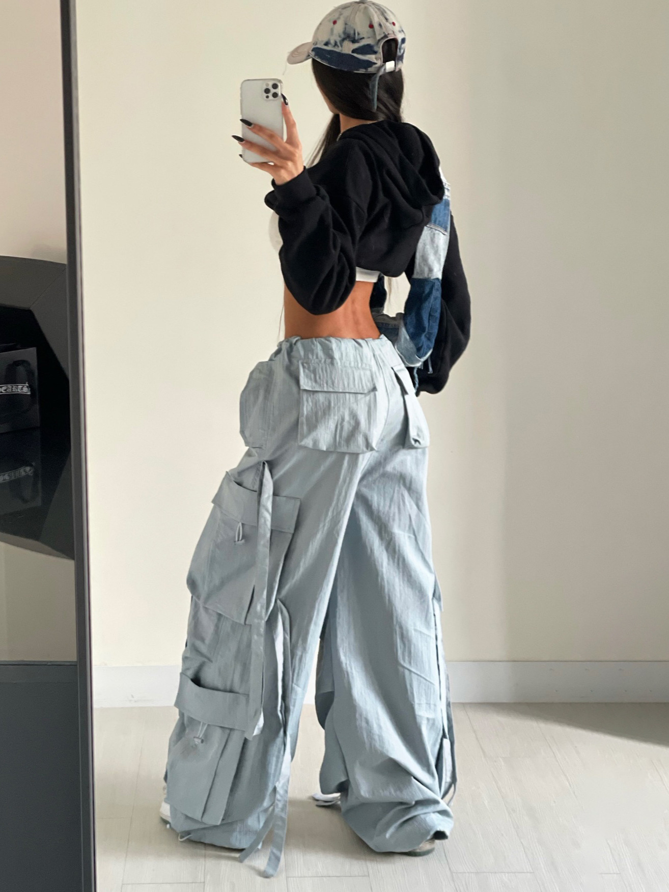 Designsoo High-Waisted Wide-Leg Cargo Pants with Ribbon Decor and Multiple Pockets - Trendy and Stylish