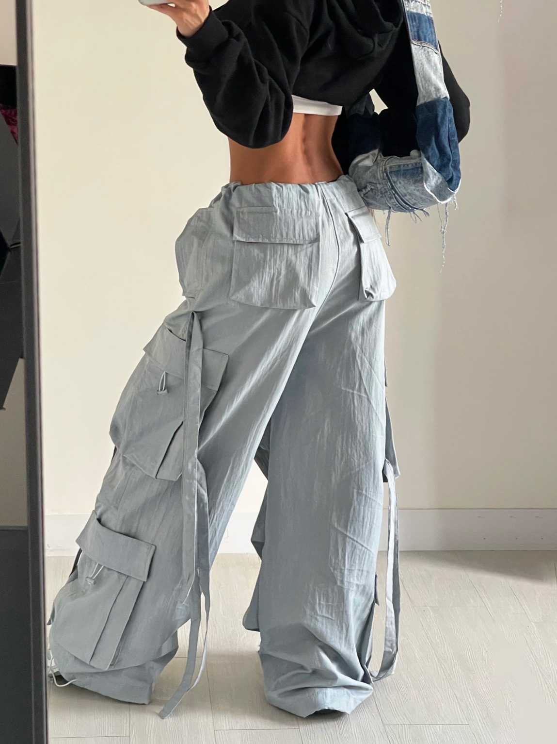 Designsoo High-Waisted Wide-Leg Cargo Pants with Ribbon Decor and Multiple Pockets - Trendy and Stylish