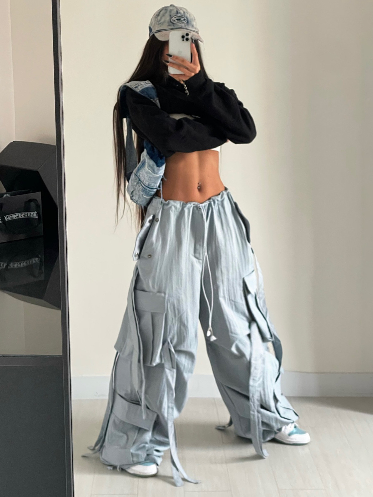 Designsoo High-Waisted Wide-Leg Cargo Pants with Ribbon Decor and Multiple Pockets - Trendy and Stylish