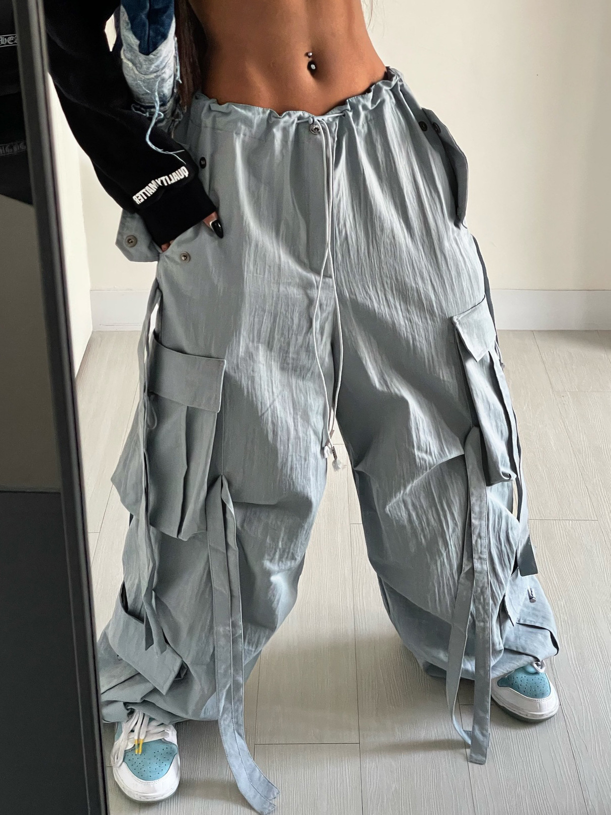 Designsoo High-Waisted Wide-Leg Cargo Pants with Ribbon Decor and Multiple Pockets - Trendy and Stylish