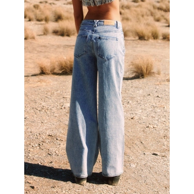 Light Blue Denim Jeans with Chain and Fringe Details - Straight Leg Design 02