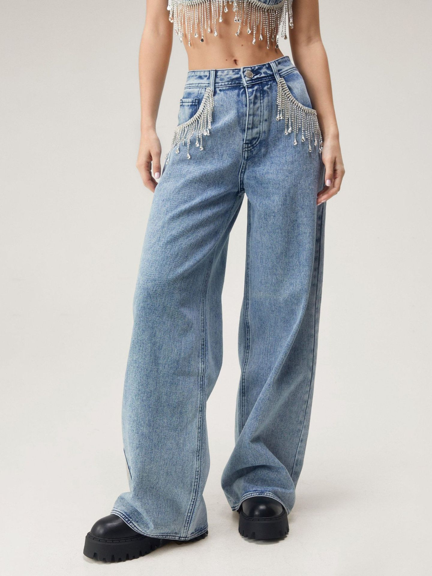 Light Blue Denim Jeans with Chain and Fringe Details - Straight Leg Design