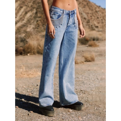 Light Blue Denim Jeans with Chain and Fringe Details - Straight Leg Design 01
