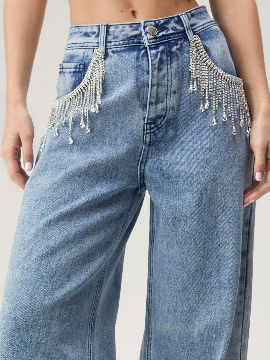 Light Blue Denim Jeans with Chain and Fringe Details - Straight Leg Design