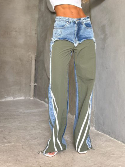New Fall Collection Mid-Waist Denim Jeans with Contrast Stripe Frayed Hem - Patchwork Design
