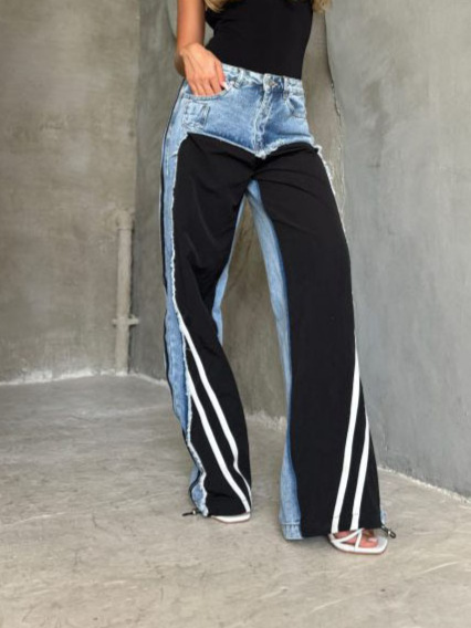 New Fall Collection Mid-Waist Denim Jeans with Contrast Stripe Frayed Hem - Patchwork Design