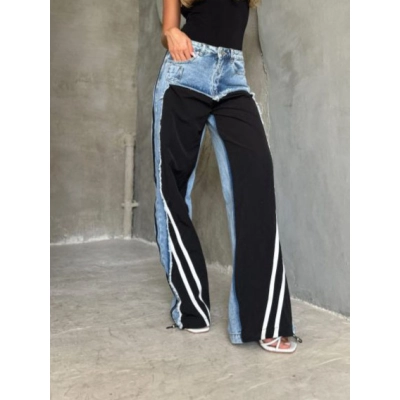 New Fall Collection Mid-Waist Denim Jeans with Contrast Stripe Frayed Hem - Patchwork Design 01