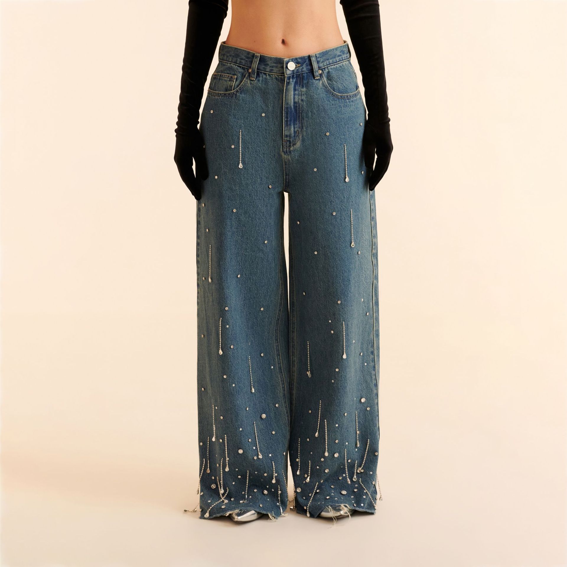 Starry Meteor Design Fringe and Rhinestone Embellished Bold Denim Jeans
