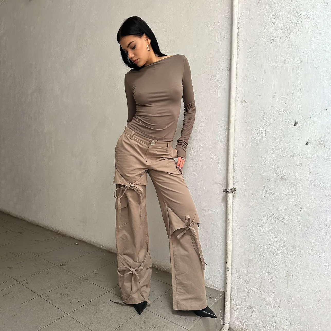 Designsoo Tie-Bow Straight-Leg Cargo Pants