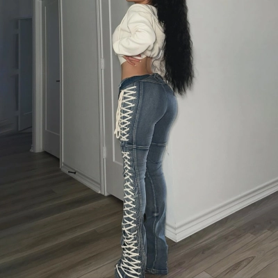 Trendy Lace-Up Side Detail Denim Jeans for Bold Women 02