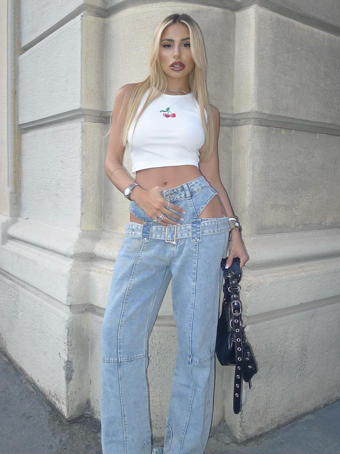 Unique Double-Waist Metal Buckle Cut-Out Vintage Straight-Leg High-Waist Denim Jeans
