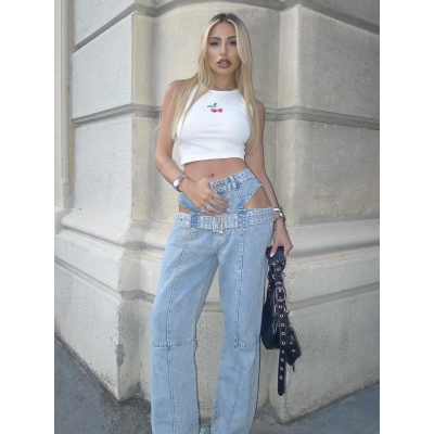 Unique Double-Waist Metal Buckle Cut-Out Vintage Straight-Leg High-Waist Denim Jeans 01