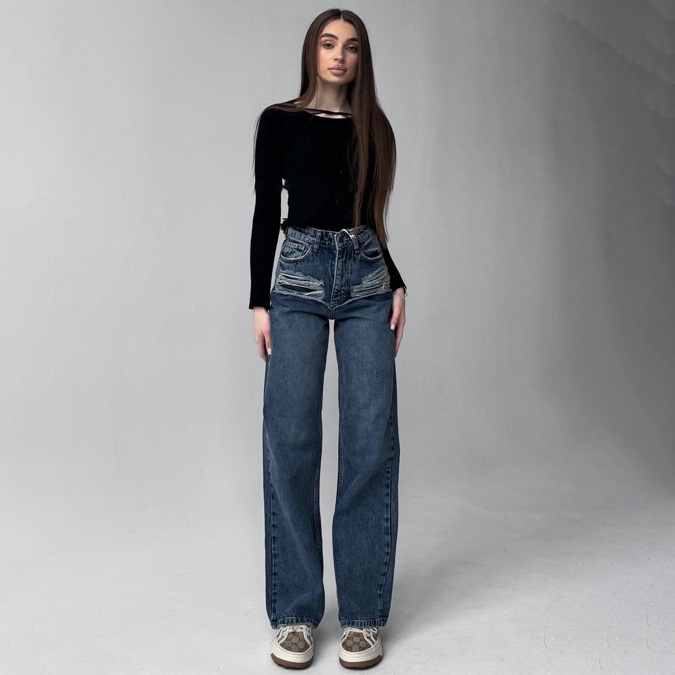 Vintage Wash Distressed High-Waist Straight-Leg Denim Jeans