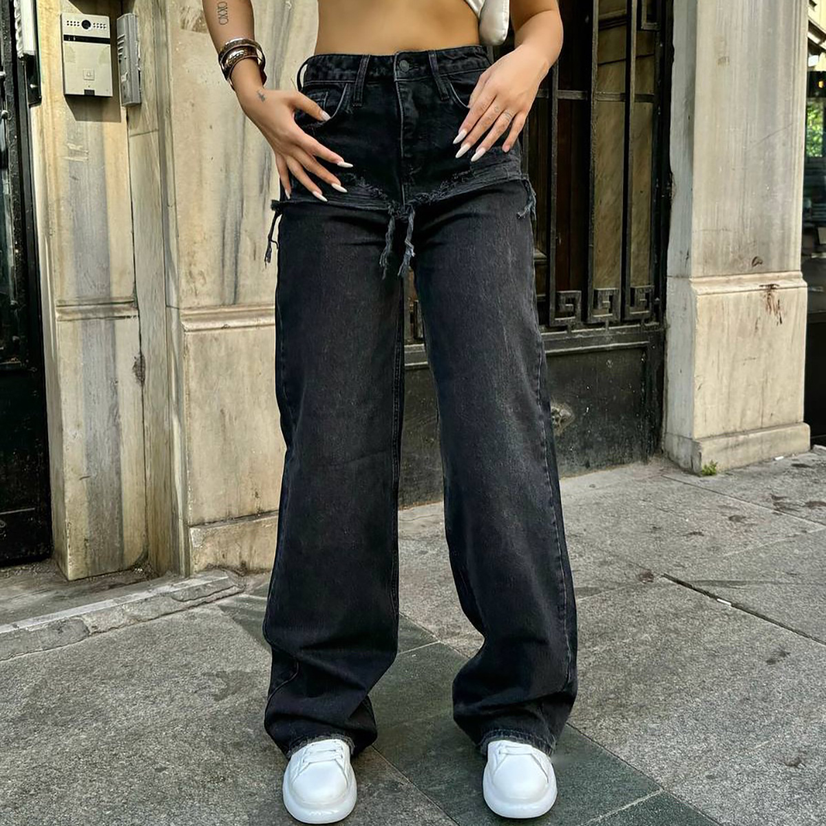 Vintage Wash Distressed High-Waist Straight-Leg Denim Jeans