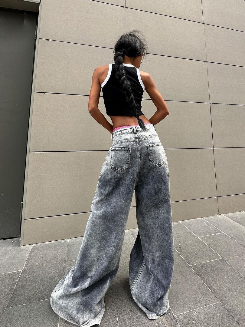 Vintage Wash Gray Distressed Low-Rise Tie-Dye Wide-Leg Floor-Length Denim Pants for Women