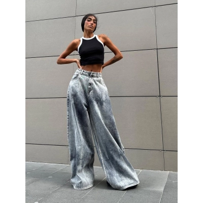 Vintage Wash Gray Distressed Low-Rise Tie-Dye Wide-Leg Floor-Length Denim Pants for Women 01