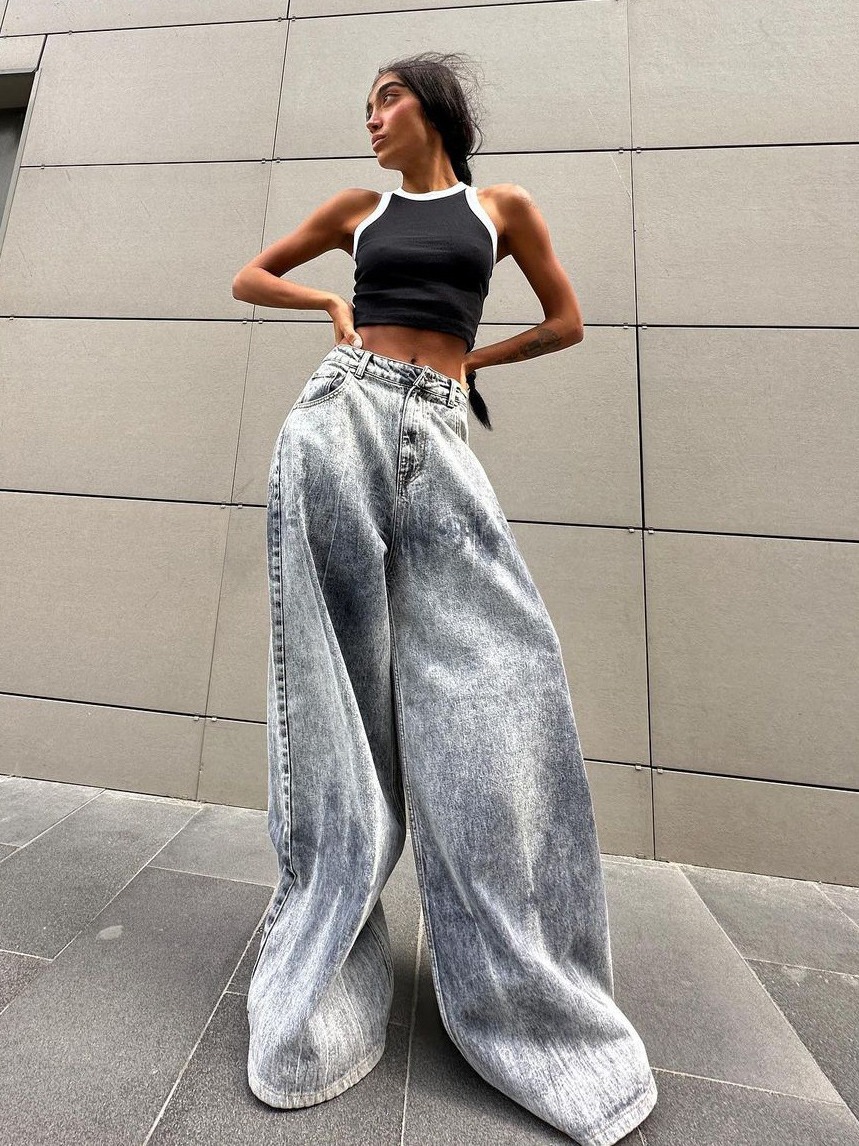Vintage Wash Gray Distressed Low-Rise Tie-Dye Wide-Leg Floor-Length Denim Pants for Women