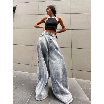 Vintage Wash Gray Distressed Low-Rise Tie-Dye Wide-Leg Floor-Length Denim Pants for Women 02