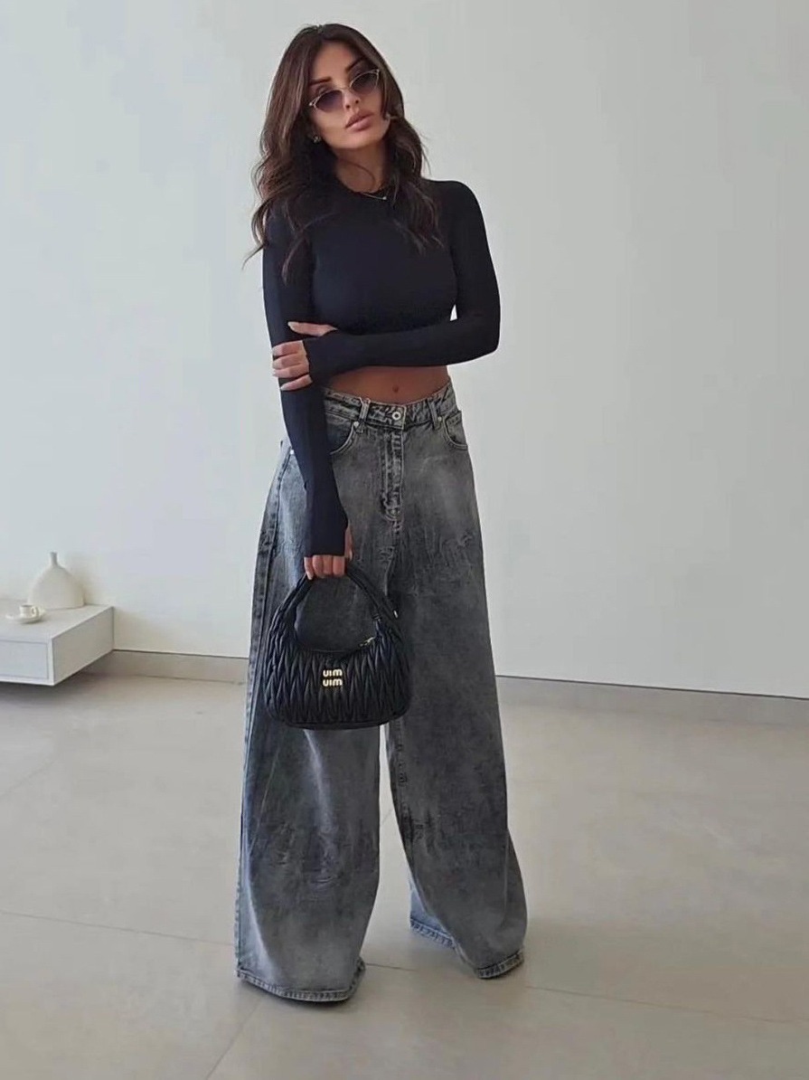 Vintage Wash Gray Distressed Low-Rise Tie-Dye Wide-Leg Floor-Length Denim Pants for Women