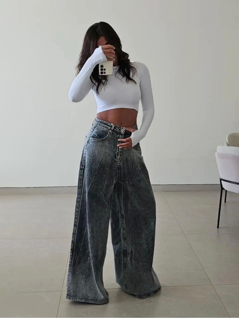 Vintage Wash Gray Distressed Low-Rise Tie-Dye Wide-Leg Floor-Length Denim Pants for Women
